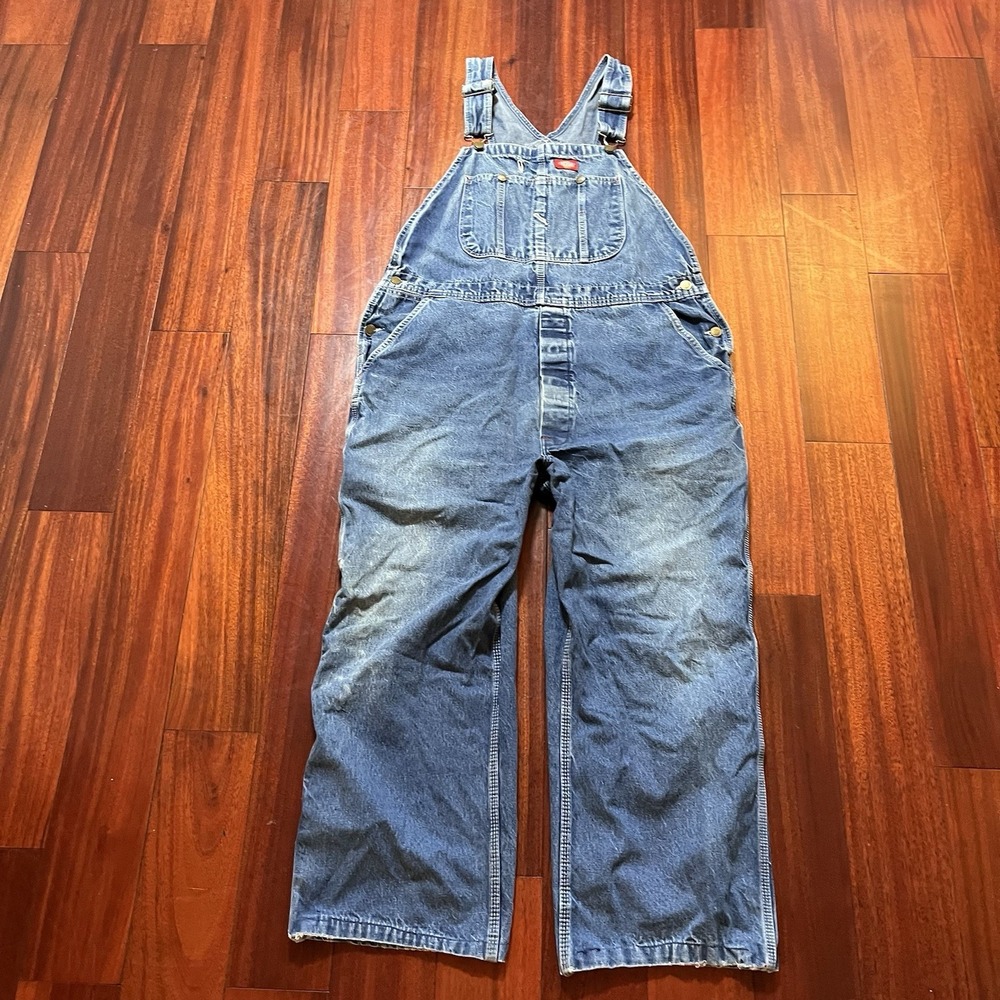 Dickies Bib Overalls Mens 46x26 Workwear Carpenter Pockets Denim Blue Light Wash